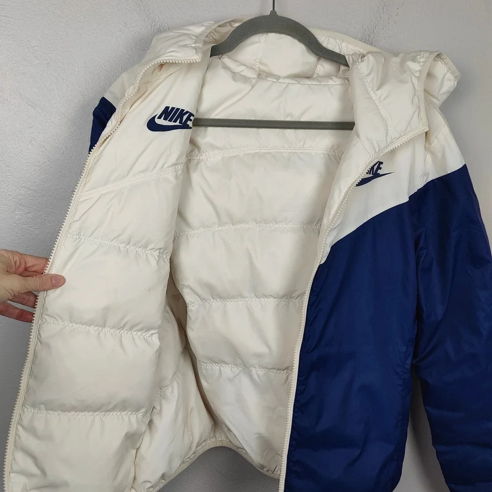 Nike Windrunner Down Fill Hooded Jacket Womens Small White‎ Blue Reversible